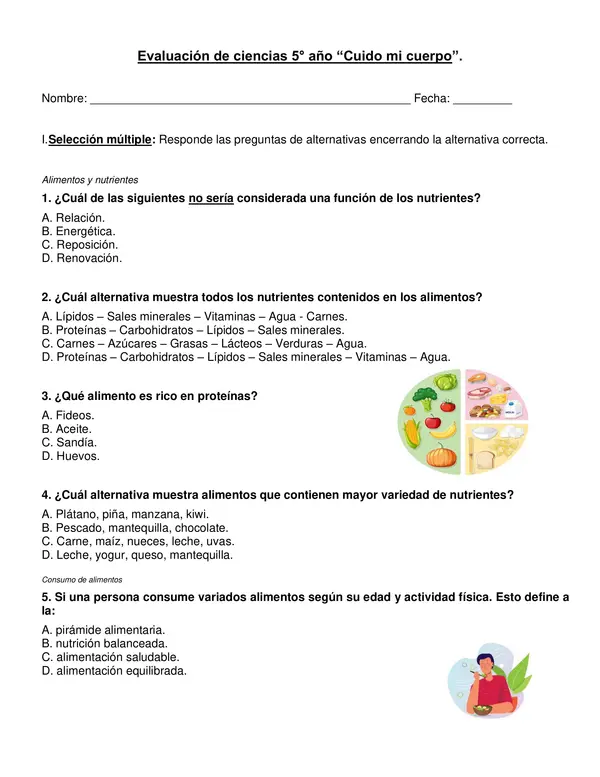 Evaluación de ciencias 5° año "Cuido mi cuerpo".