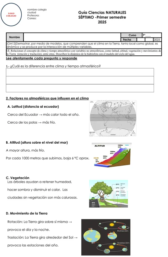 Guía Ciencias Naturales 7° básico: Clima dinámico, factores no atmosféricos y ciclo del agua (OA12)