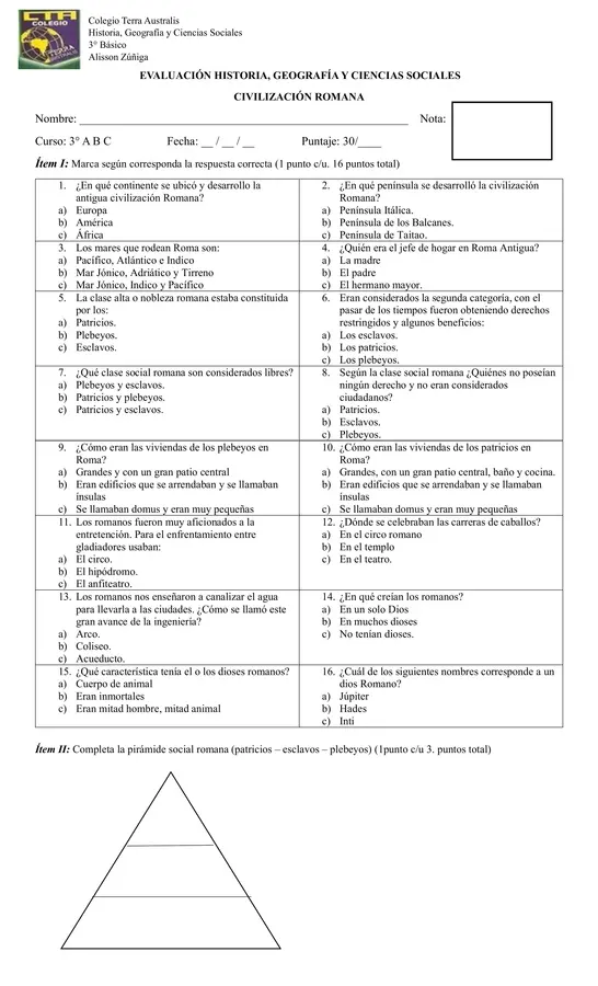 3° Básico - Prueba de la Civilización Romana n°2