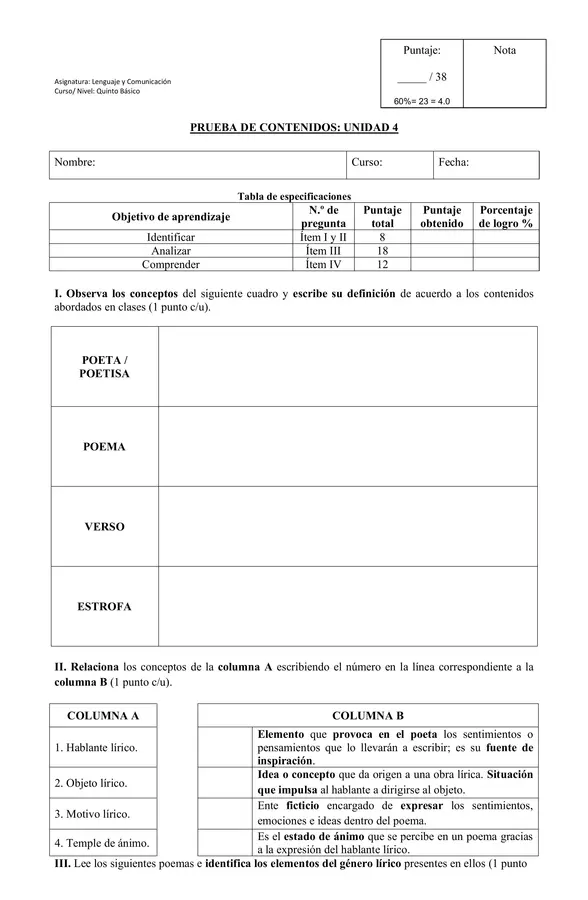 5to - Prueba de Unidad n°4: Género lírico y características 