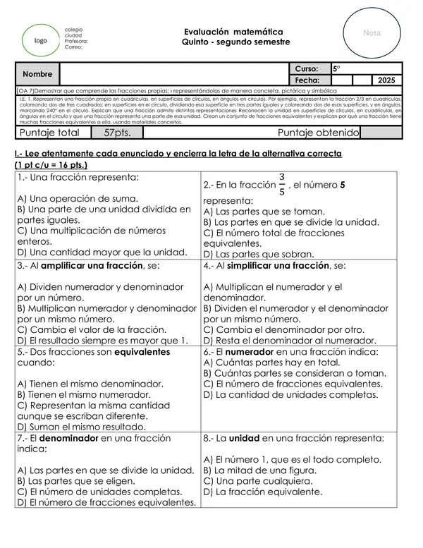 Evaluación Matemática 5° Básico: Fracciones propias y equivalentes, segundo semestre