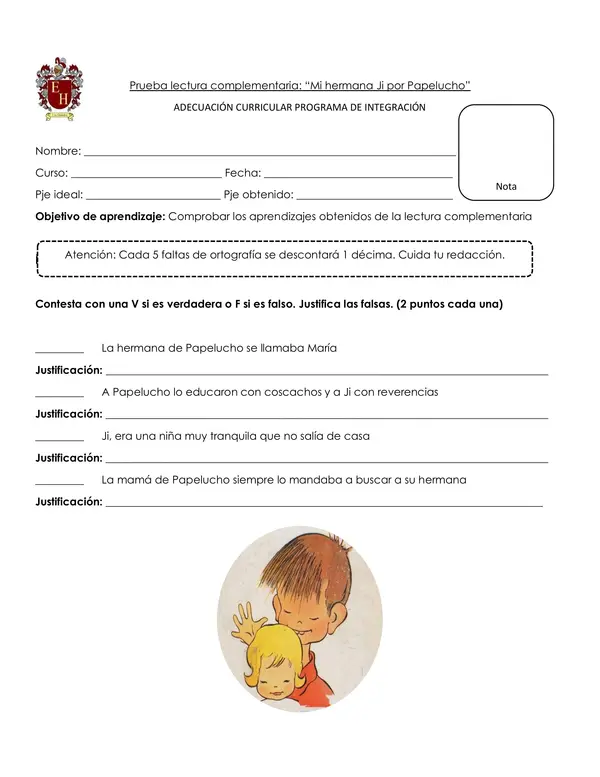 Evaluación mi hermana Ji por papelucho 