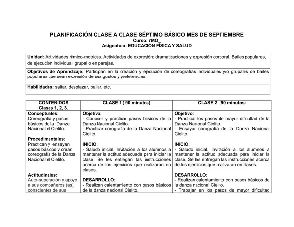 Planificación Clase a Clase: Septiembre | Educación Física y Salud 7° Básico