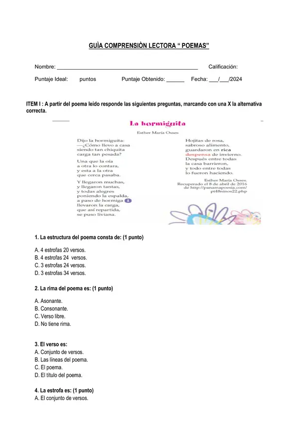 Guia comprensiòn lectora, Poemas