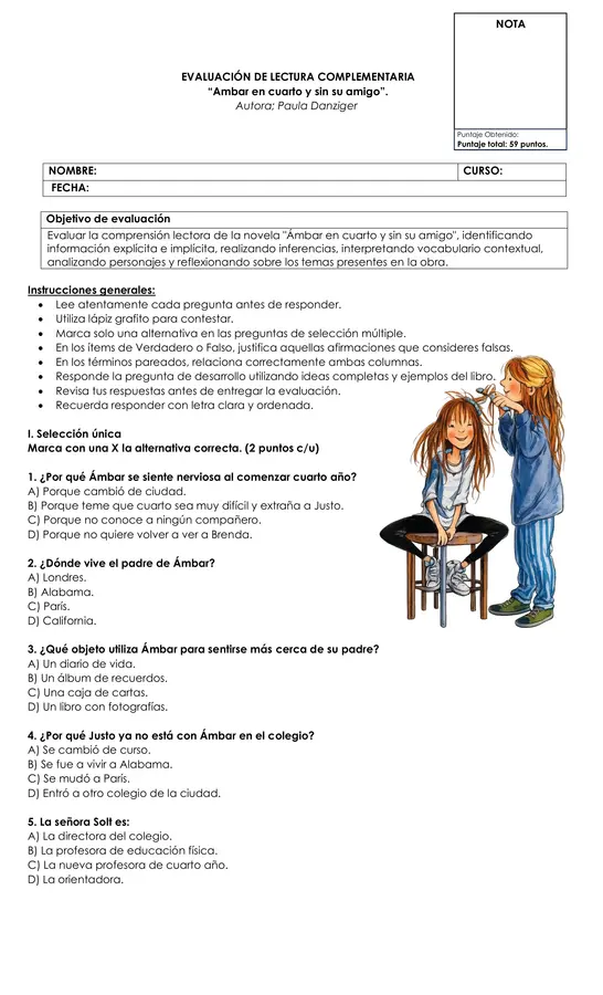 Evaluación: Ámbar en cuarto y sin su amigo - Paula Danziger | Editable + Pauta de Corrección
