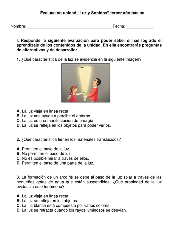 Evaluación unidad "Luz y Sonido" Ciencias, tercer año