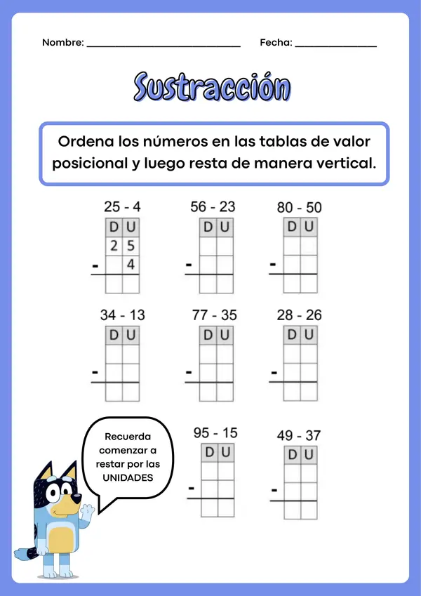 Guía de restas sin reserva (2°básico)