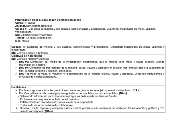 Planificación Clase a Clase: Marzo | Ciencias Naturales Cuarto Básico