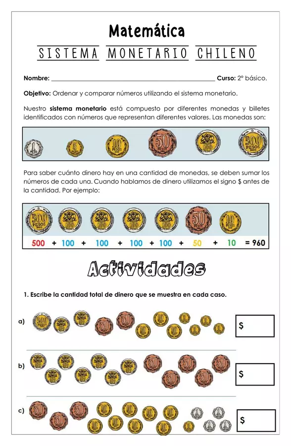 Guía de trabajo - Ordenar y comparar números utilizando monedas - 2° básico