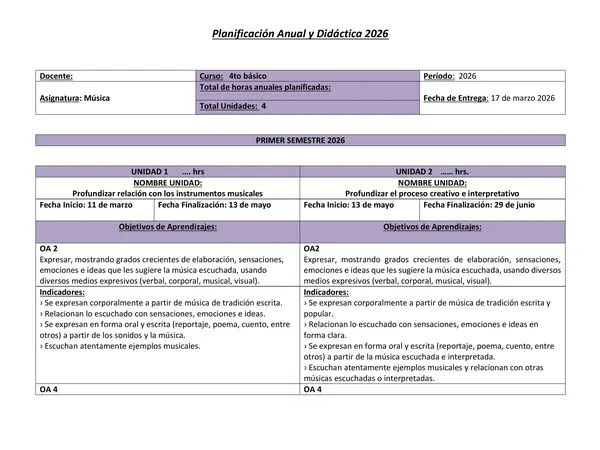 Planificación Anual  Música 4° básico 2026