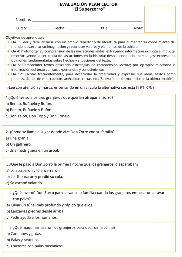  Evaluación Plan Lector "El Superzorro" - Comprensión Lectora