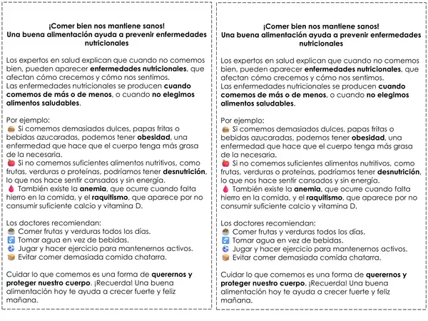 Comprensión de lectura: alimentación saludable