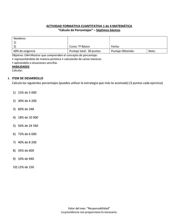 Control formativo Cálculo de Porcentajes