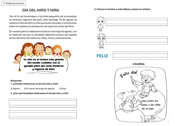 Ficha de actividad "Dia del niño y niña"Primaria