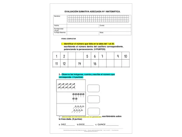 Evaluación matemática números hasta el 20