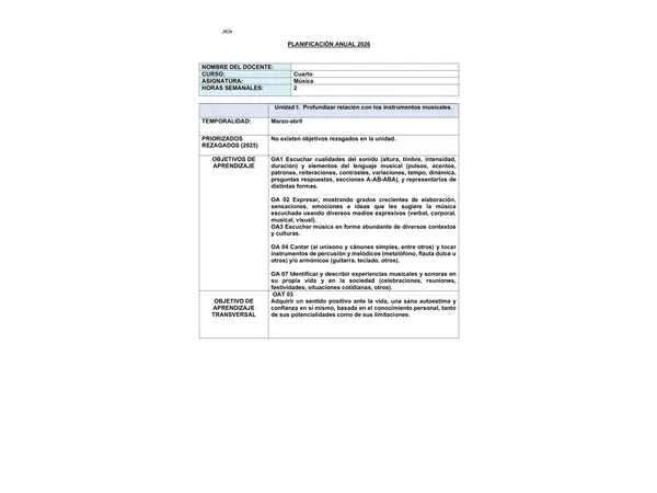 PLANIFICACIÓN ANUAL DE MÚSICA 4°BÁSICO(CURRICULÚM VIGENTE 2026)