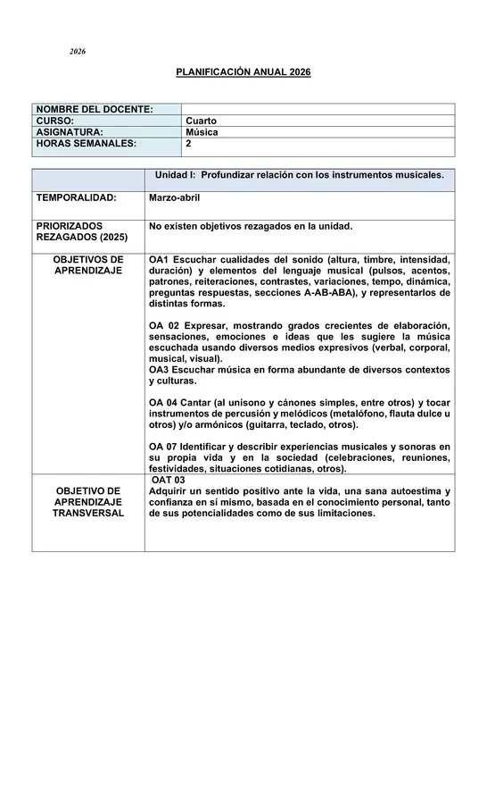 PLANIFICACIÓN ANUAL DE MÚSICA 4°BÁSICO(CURRICULUM VIGENTE 2026)