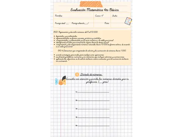 Evaluación Matemática 4to Básico. Números hasta el 10.000