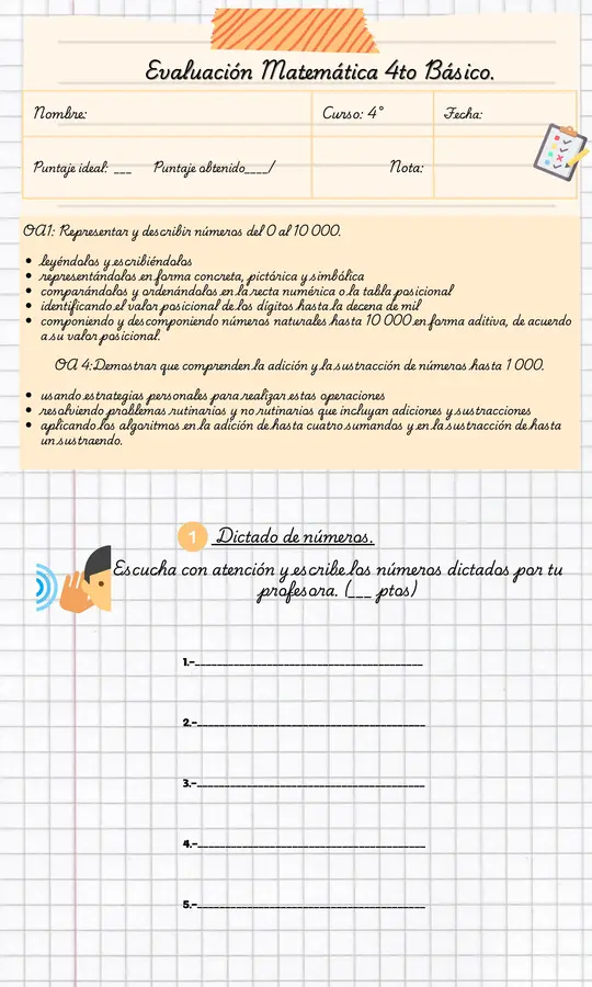 Evaluación Matemática 4to Básico. Números hasta el 10.000