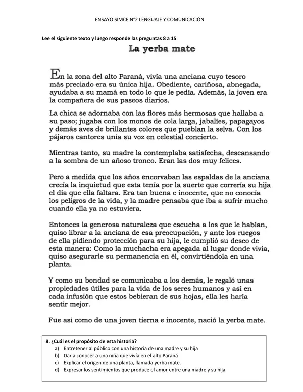 Ensayo SIMCE N°2 Lenguaje y comunicación