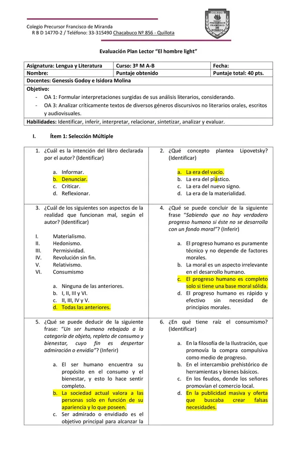 Evaluación Plan Lector "El hombre light"