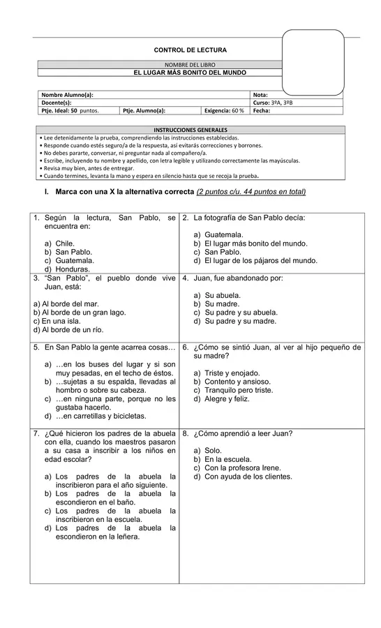 Evaluación "El lugar más bonito del mundo"
