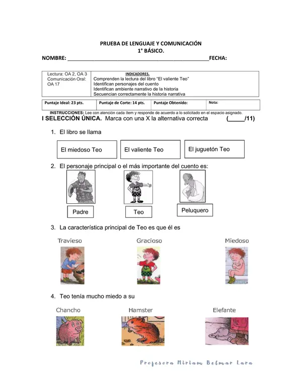 Evaluación libro "El valiente Teo"