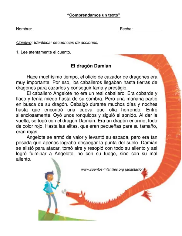 Guía "Identificar secuencias de acciones" texto "El dragón Damián"