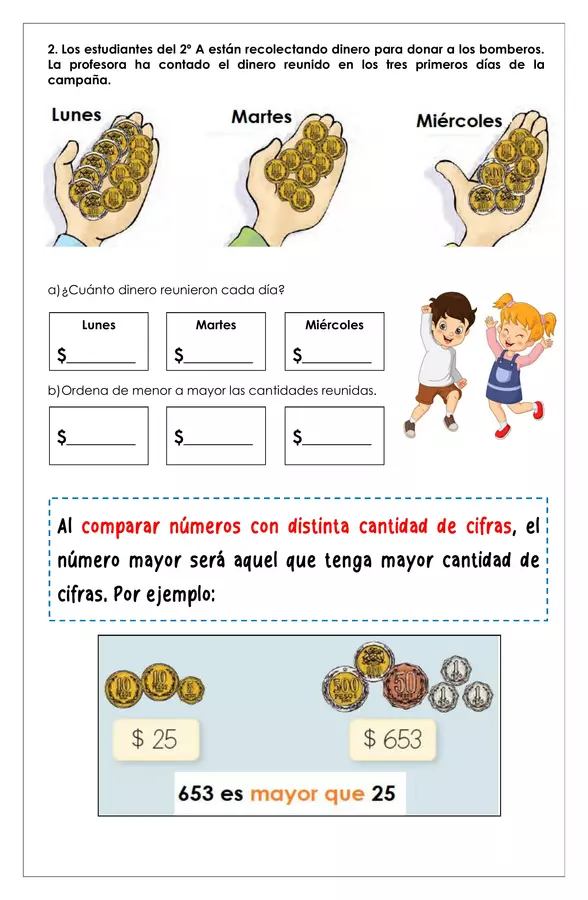 Guía de trabajo - Ordenar y comparar números utilizando monedas - 2° básico