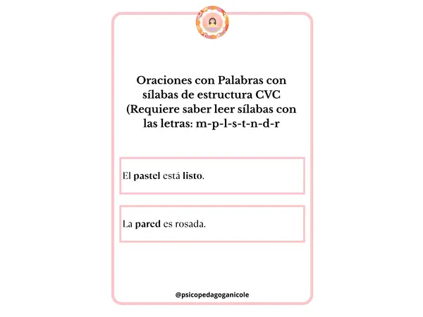 Oraciones con Palabras con sílabas de estructura CVC