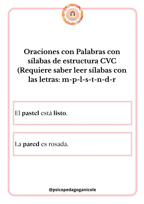 Oraciones con Palabras con sílabas de estructura CVC