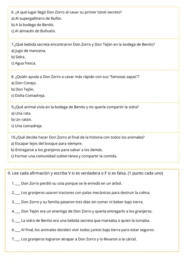 Evaluación Plan Lector "El Superzorro" - Comprensión Lectora