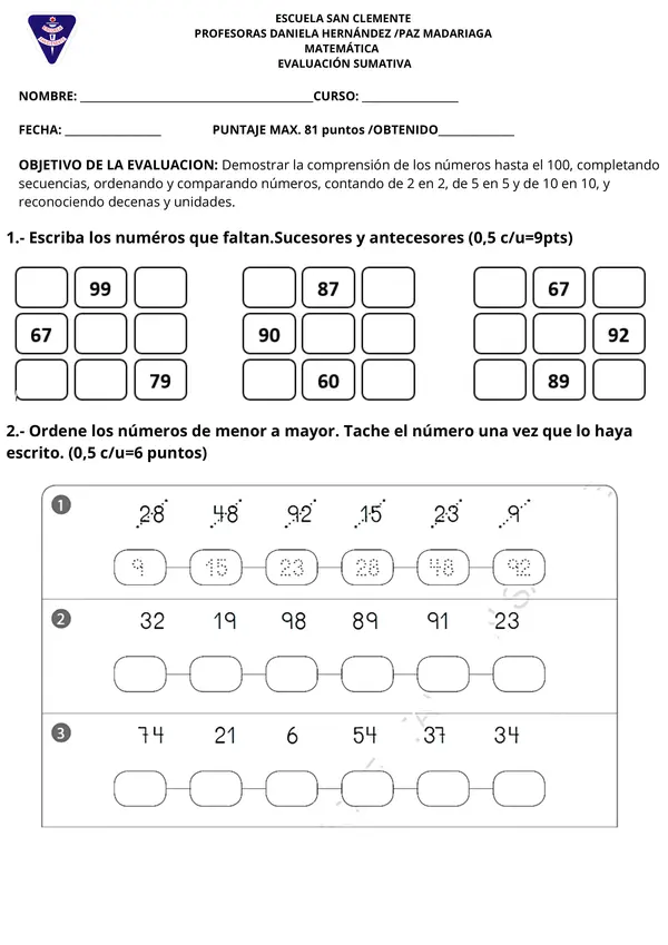 Evaluación Matemática: Números hasta el 100