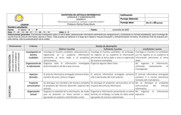 Rúbrica escritura de artículo informativo 