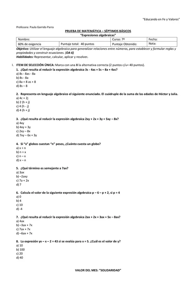 Prueba Expresiones Algebraicas 7mo