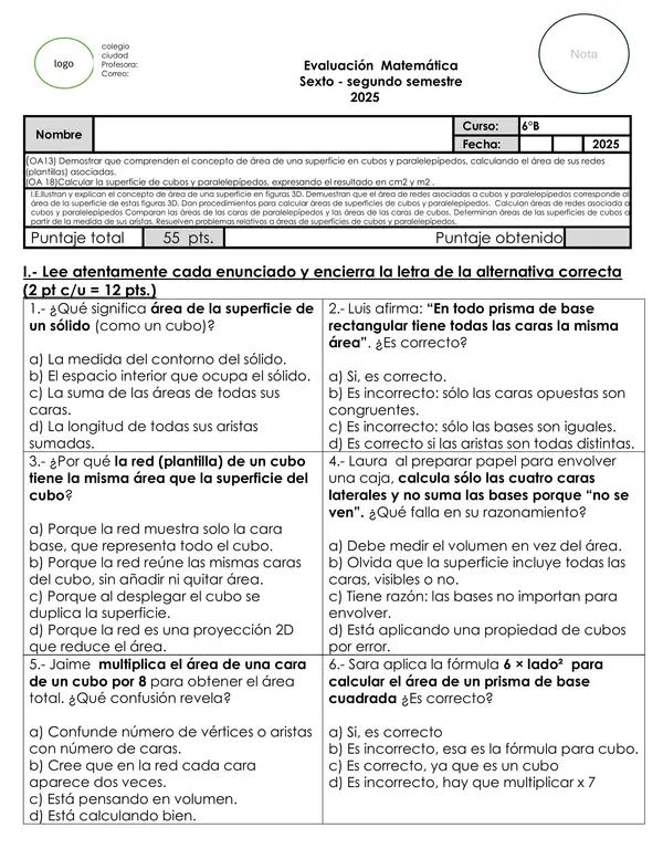 Evaluación Matemática 6° Básico: Área de cubos y paralelepípedos, redes y superficie
