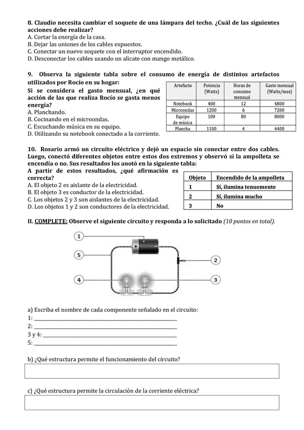 PRUEBA DE ELECTRICIDAD (5° básico, ciencias)
