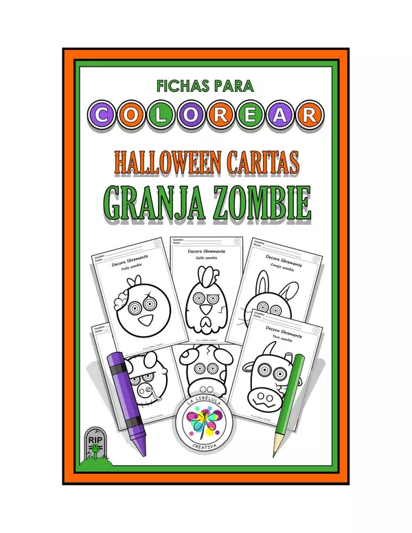 Fichas para colorear Halloween Caritas Granja Zombie Animales