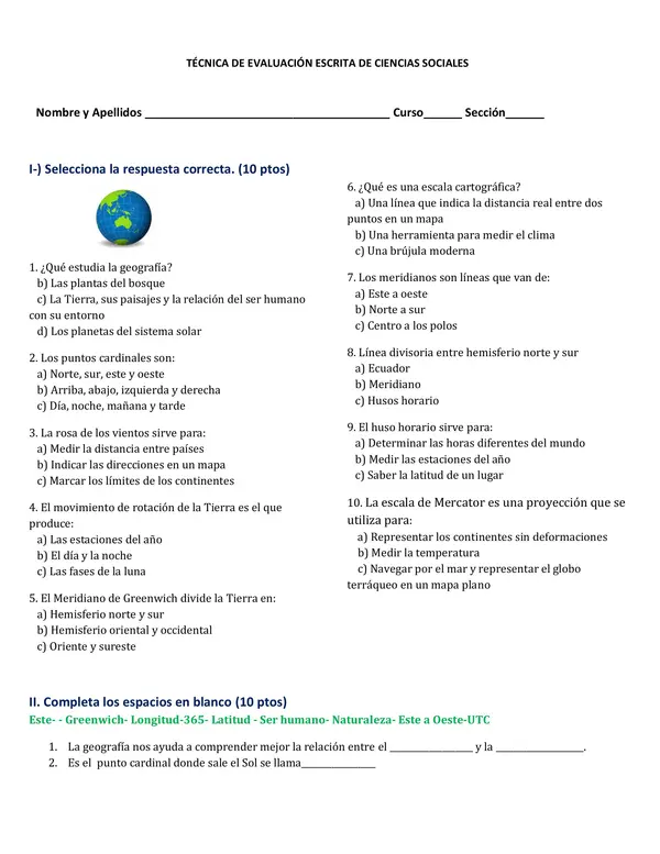 Técnica de evaluación. La geografía: movimientos, husos horarios, rosa de los vientos