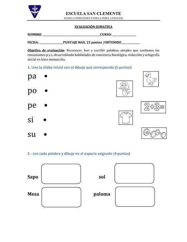 Evaluación letras p y s