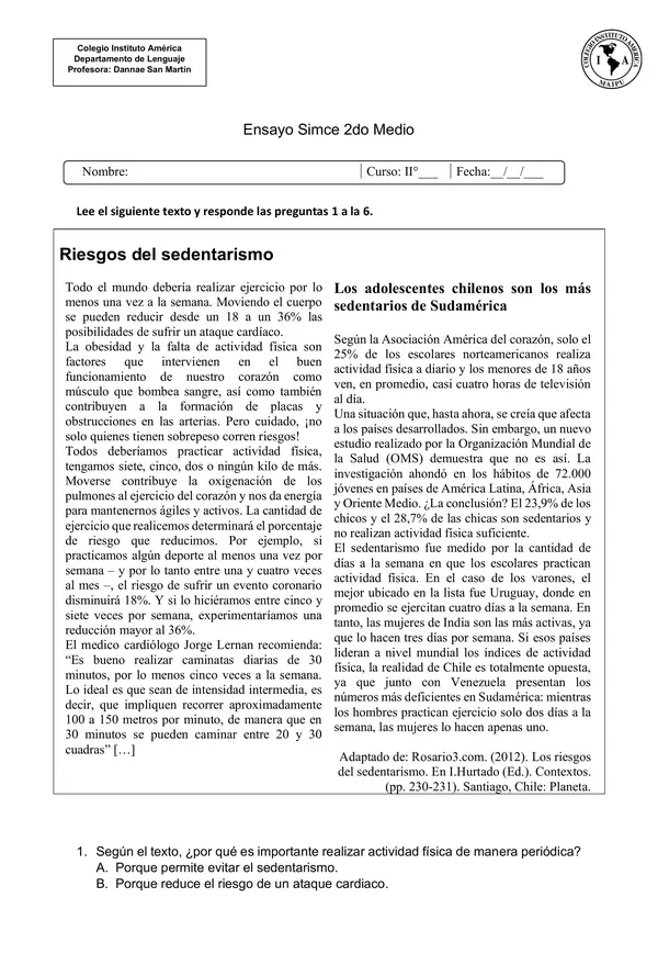 Ensayo SIMCE de Lenguaje - Segundo Medio