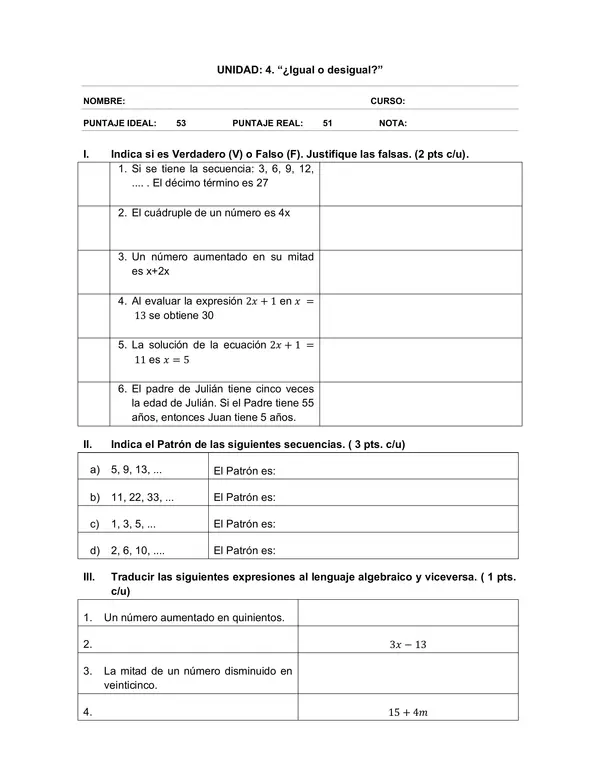 Evaluacion de Matematica 6 Basico: patrones y ecuaciones