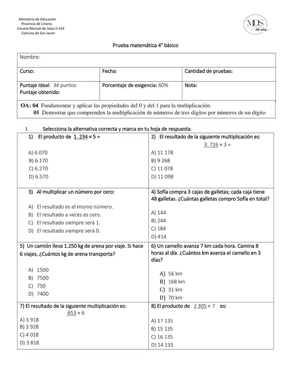 Prueba Multiplicación 4° básico selección multiple