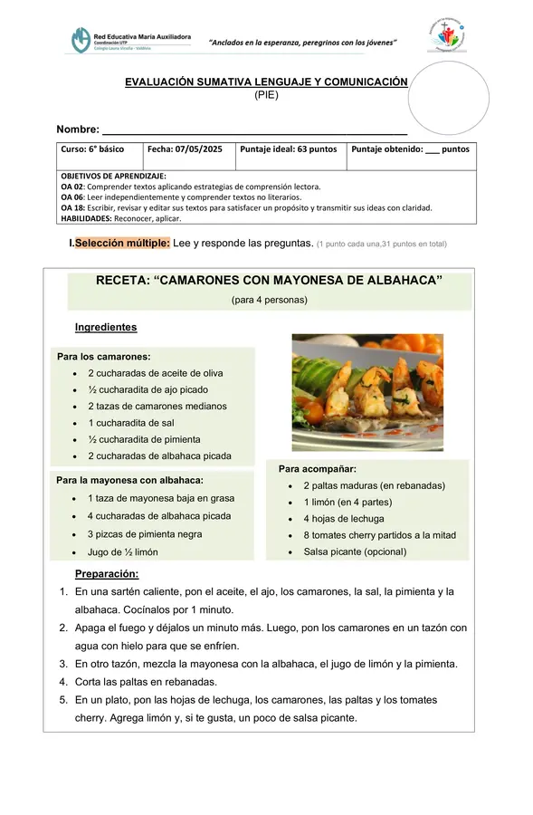 prueba 6° lenguaje "plan lector el fantasma de canterville" y comprensión lectora