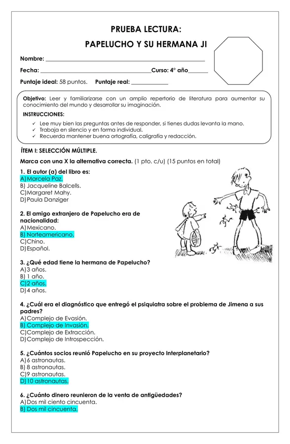 Prueba Lectura - Papelucho y su hermana Ji