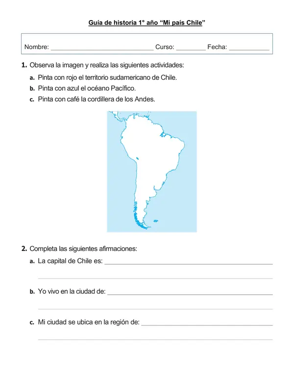 Guía de historia 1° año "Mi país Chile"