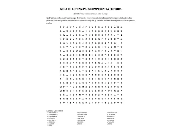 SOPA DE LETRAS: PAES COMPETENCIA LECTORA 