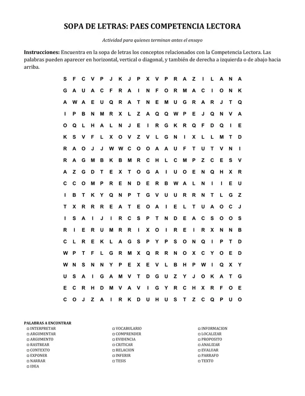 SOPA DE LETRAS: PAES COMPETENCIA LECTORA 