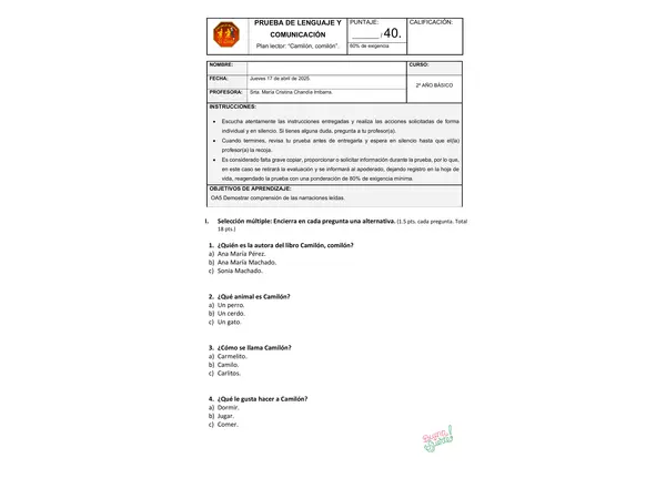 Prueba del libro Camilón, comilón. 