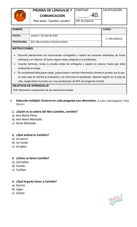 Prueba del libro Camilón, comilón.